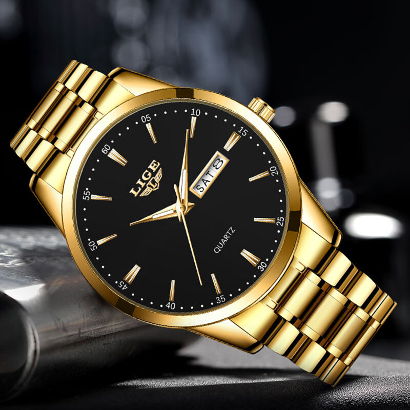 メンズクォーツ時計,高品質のブランド,ligeビジネス,発光,耐水性,スチールストラップ付き