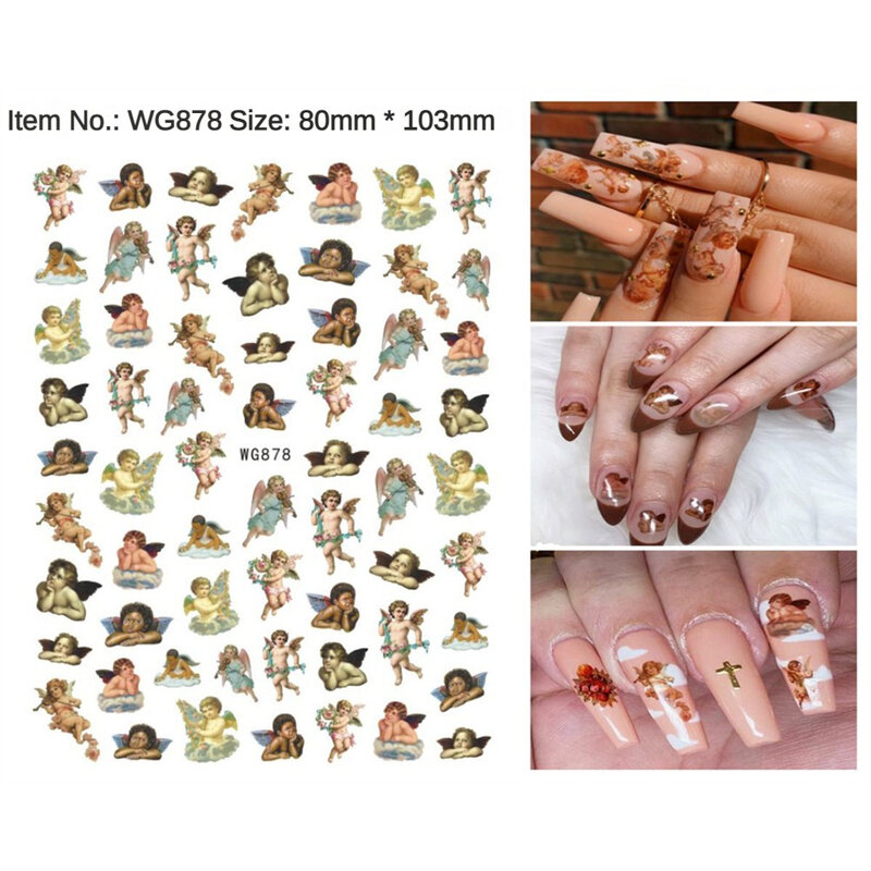 Pegatinas de uñas con patrón de flores de Ángel, calcomanías autoadhesivas de Cupido, puntas 3D, decoraciones de Arte de uñas, envoltura de manicura de diseño de uñas