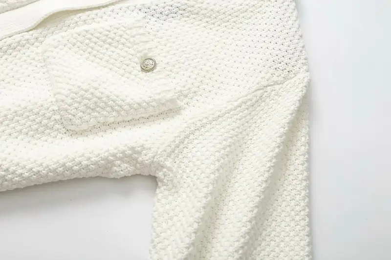 Damen Mode schick mehrfarbig Knopf Tasche dekorative gestrickte Strickjacke Pullover Retro O-Ausschnitt Kurzarm kurzes schickes Top