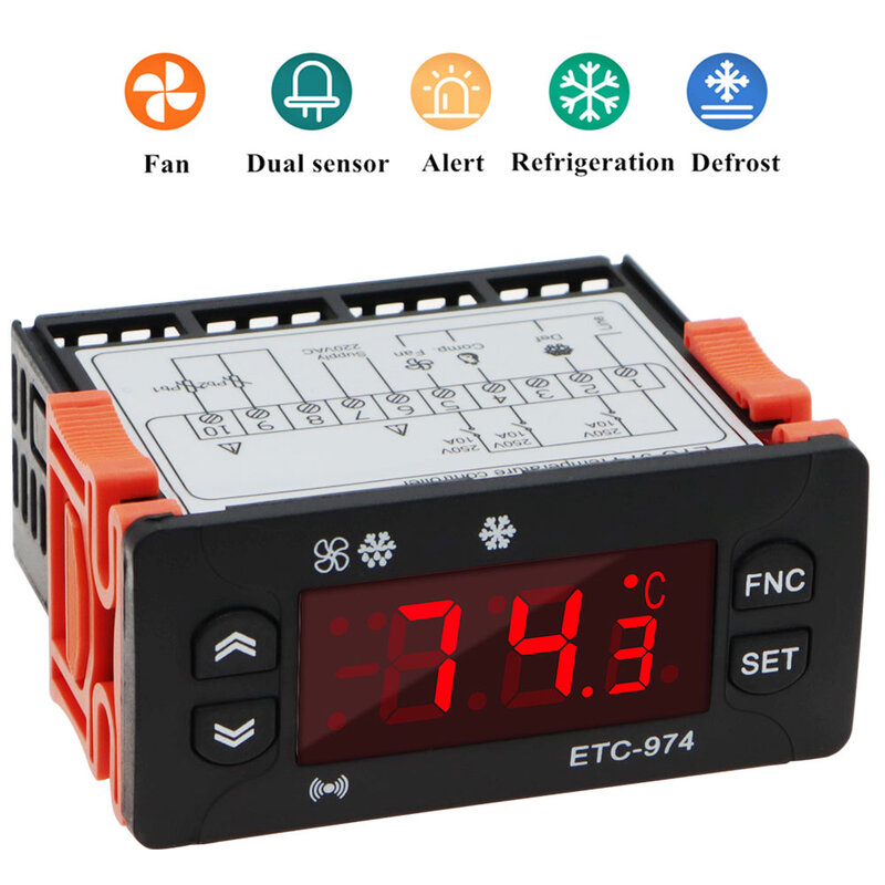 Termostato de ETC-974, controlador de temperatura, Control de temperatura Digital, termómetro, alarma de refrigeración, Sensor NTC de 220V