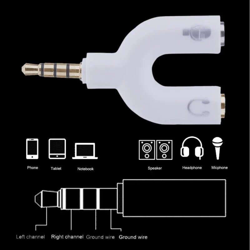 Adaptador divisor de áudio em forma de U, conversor de fone de ouvido para celular, cabeça 1 para 2, 3,5mm
