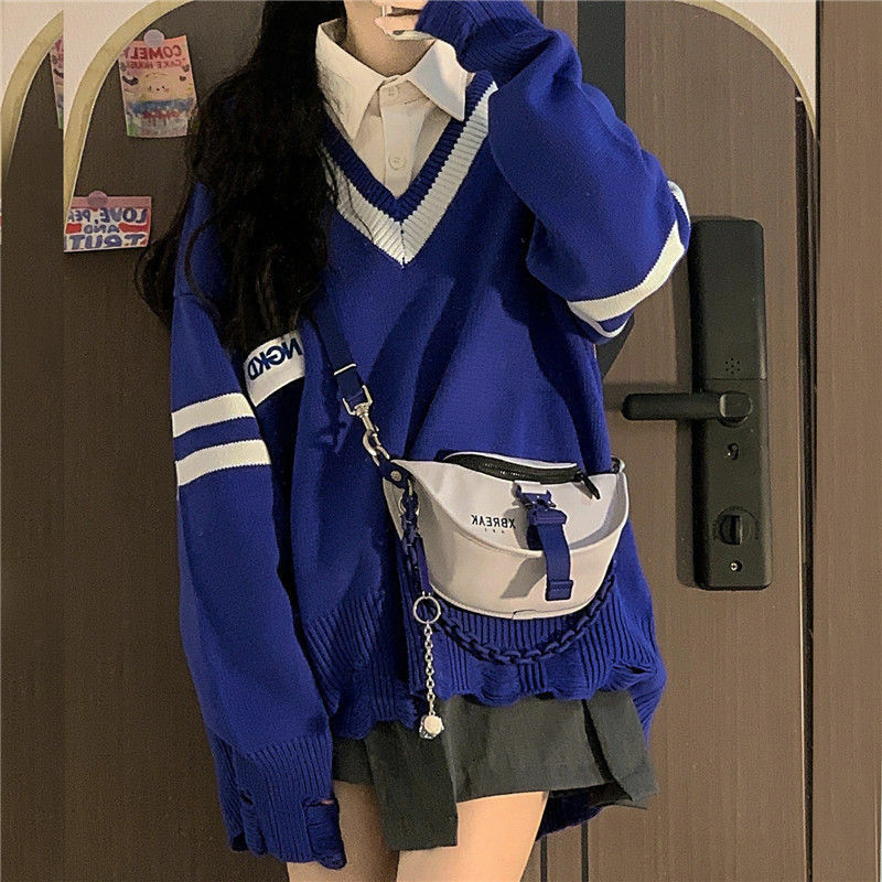 Deeptown estilo coreano listrado verde oversize camisola feminina harajuku preppy moda azul com decote em v manga longa jumper feminino topos