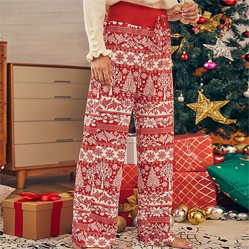 Pantalones de pijama de Navidad para mujer, Pantalón elástico de cintura alta, pierna ancha, pantalones de salón con cordón