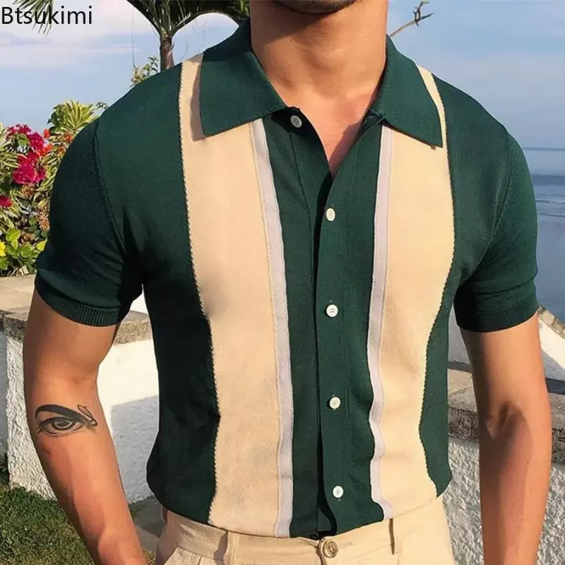 Men's Summer Short Sleeve Polo Shirts Knitted Business Formal Office Men's Summer Luxury Style Clothes Slim Cotton Shirts Male