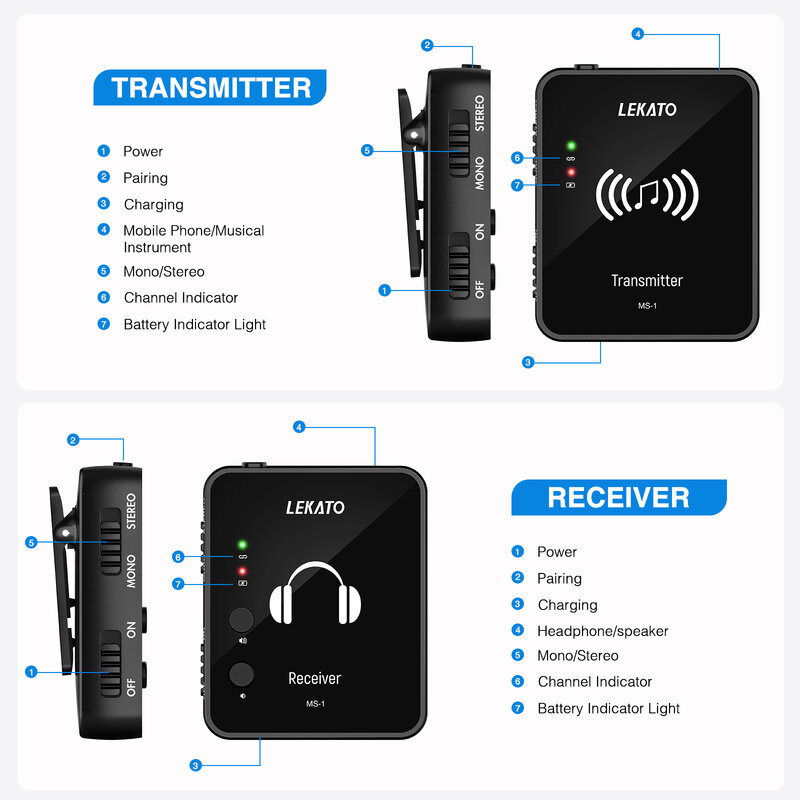 Lekato Monitor de fone de ouvido sem fio, Recarregável Transmissor Receptor, M-Vave M8 Stereo Mono Phone Record, 2.4G, Wp-10