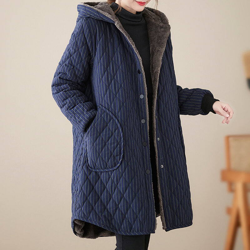 Jaket bertudung kasual wanita, mantel tebal bergaris-garis ukuran besar untuk musim dingin 2023