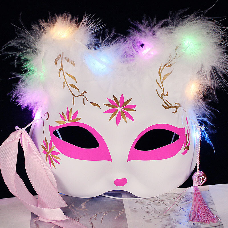 Anime maska lisa ręcznie malowane plastikowe pół twarzy kot pióro maski na oczy bal przebierańców rekwizyty do Cosplay festiwal prezenty dla dzieci zabawki