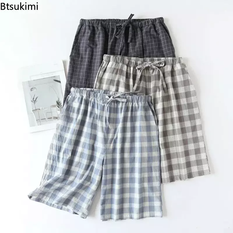 New Japanese Style Plaid Casual Sleeping Shorts for Men Fashion 100% Cotton Homewear Men's Breathable Double-layer Sleep Bottoms