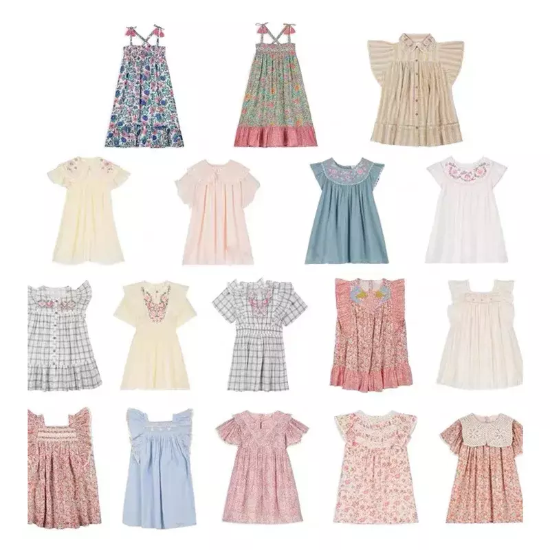 Vestido de verão bordado cereja para meninas, roupas infantis, festa de férias na praia, pré-venda, navio em abril, LM, 2024