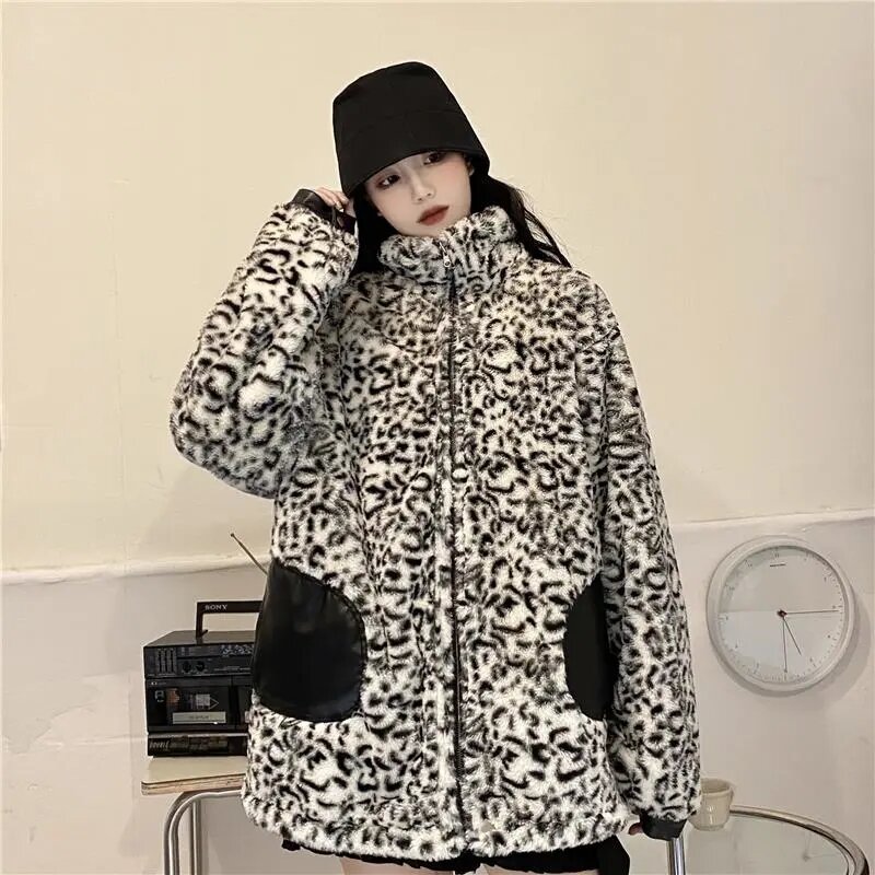 Cappotto in pelle pu Fried street 2023 autunno inverno nuova giacca imbottita con stampa leopardata su due lati da donna
