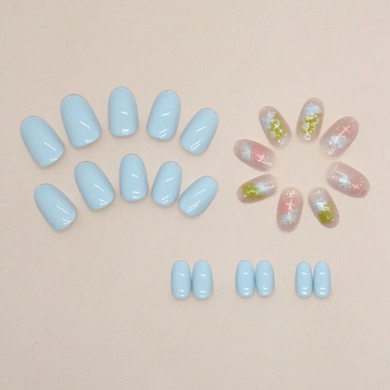 Oval Round False Nails French Sky Blue Solid Sparkling Butterfly Fake Nails Full Cover Press on Nails Nail Tips nails accessorie