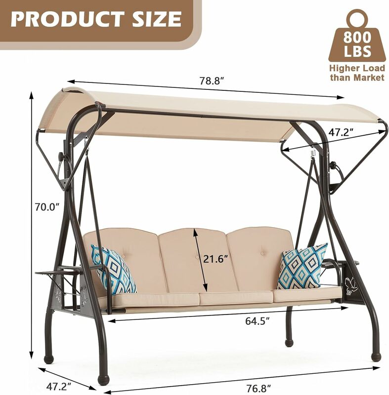Patio Swing with Canopy, 2 in 1 Porch Swing Bed & Patio  Chair for Adult, Yard Swing w/Extra Pillows and Cup Holder