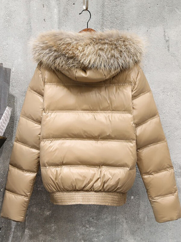 FTLZZ 여성용 진짜 너구리 모피 깃털 재킷, 슬림 화이트 덕다운 짧은 파카, 블랙 카키 스노우 아우터 코트, 겨울