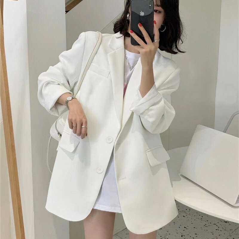 2024 Women Single Breasted Loose White Blazer Office Lady Loose Classic Coat Basic Suit Jacket Female Chic Outwear Clothing