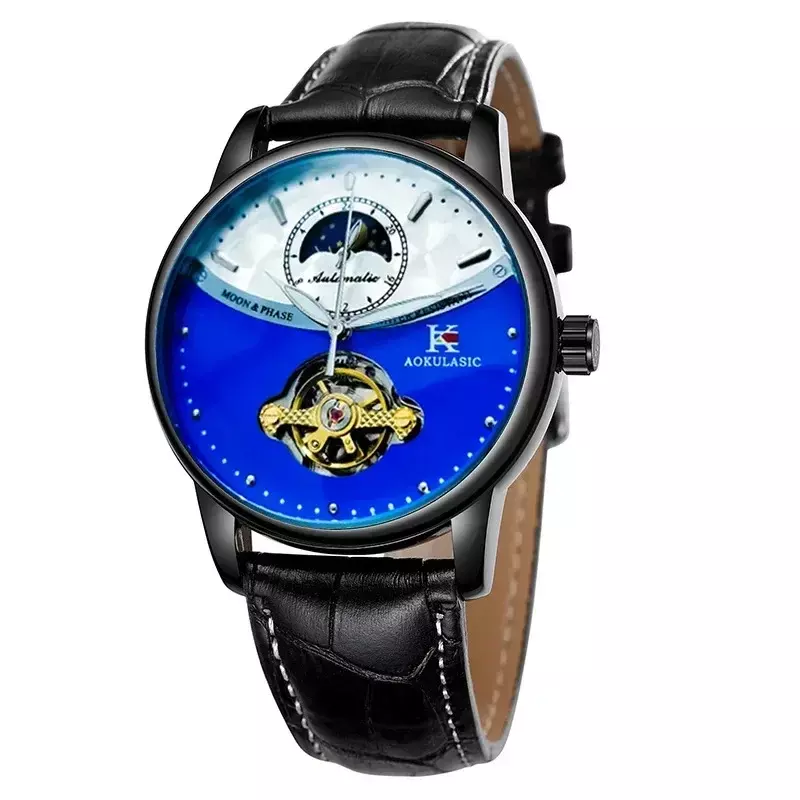 Новинка 2021 полностью автоматические механические часы мужские часы полый турбийон водонепроницаемые светящиеся в темноте Луна повседневные мужские часы