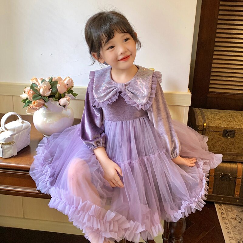 Новое осеннее платье для девочек в стиле Ins с длинным рукавом, Тюлевая юбка-пачка принцессы, детское бархатное платье