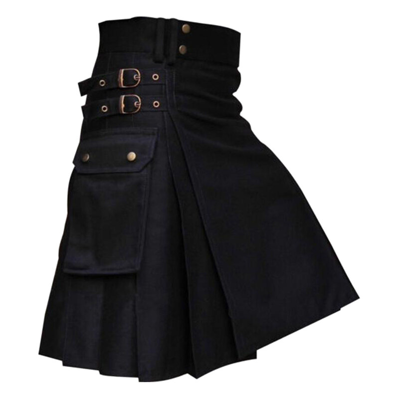 Jects Style Jupes décontractées kilts à poches cool pour hommes, kilt gothique noir solide, kilt cargo vintage, jupe plissée à ceinture métallique