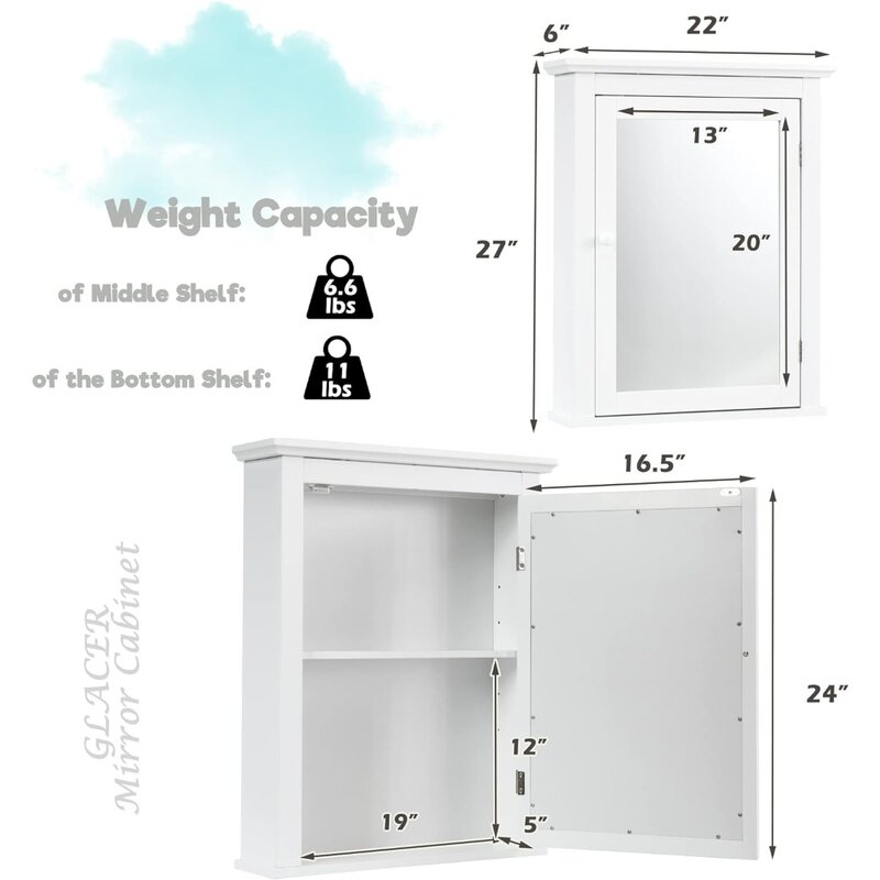 Bathroom Mirror Cabinet, Wall Mounted Storage Cabinet with Mirror Door and Adjustable Shelf