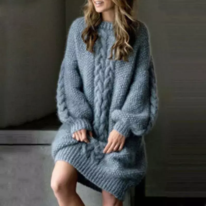 Gaun Sweater lengan panjang rajut wanita musim gugur musim dingin baru gaun pullover S-5XL pakaian leher-o seksi kasual mode warna polos