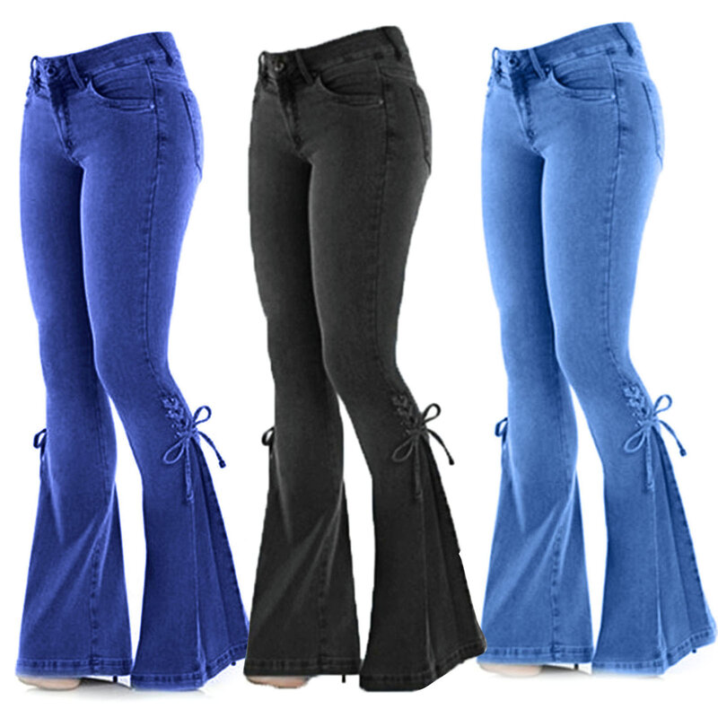 Брюки-клеш Женские Эластичные со средней талией, пикантные облегающие джинсовые брюки-скинни с широкими штанинами, с карманами, в Корейском стиле