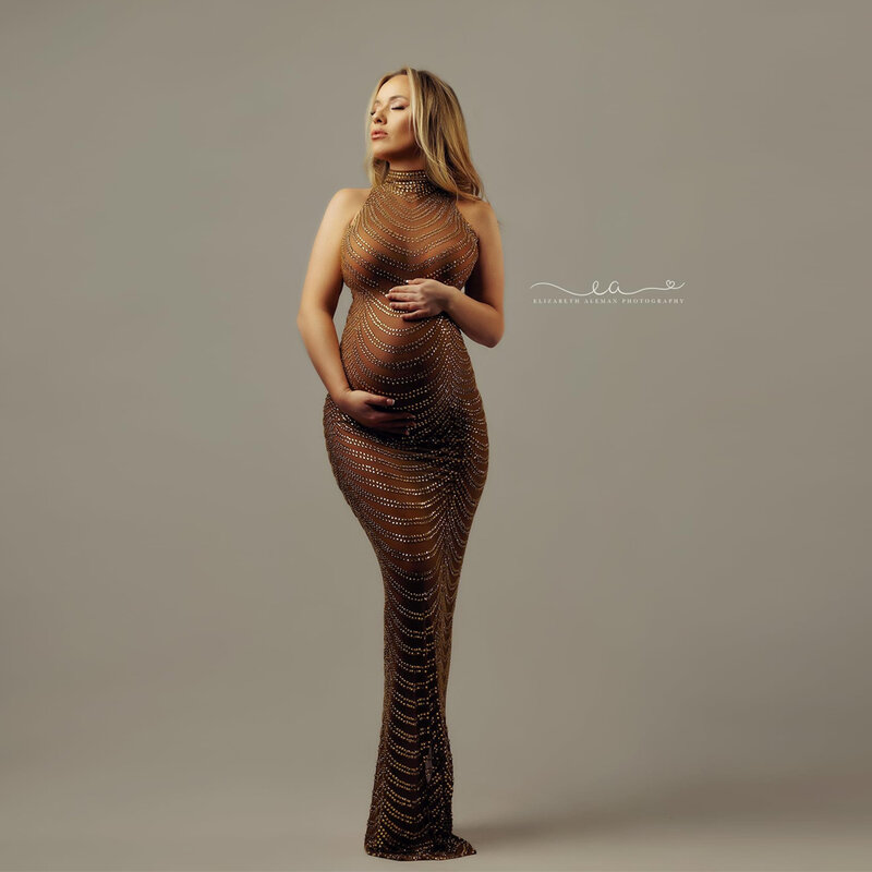 Suknia macierzyńska na imprezę seksowne błyszczące body bogini gorące Rhinestone dla sesja zdjęciowa rekwizyty Plus rozmiar Senior w ciąży