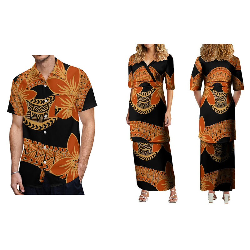 Оптовая продажа, индивидуальный полинезийский этнический дизайн, комплект из платья и платья с V-образным вырезом и рукавом до локтя, Женский комплект из 2 предметов