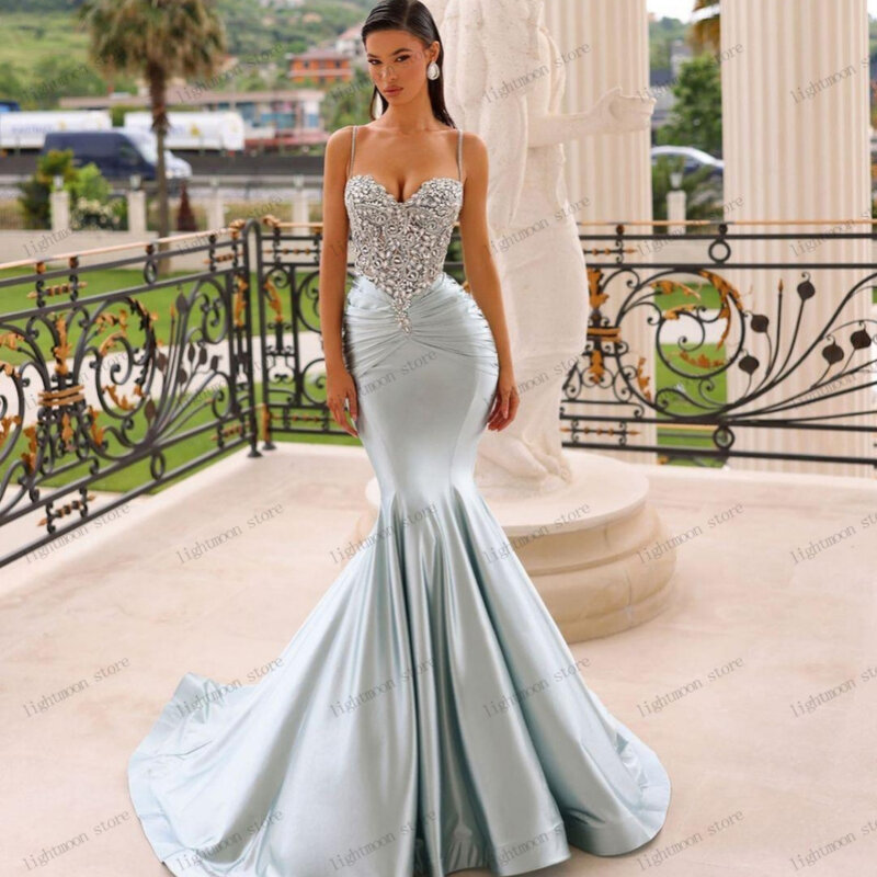 Glamorous Evening Dresses Satin Prom Dress Sequin Appliques Sleeveless Backless Sweetheart Sheath Mermaid 2024 Vestidos De Gala