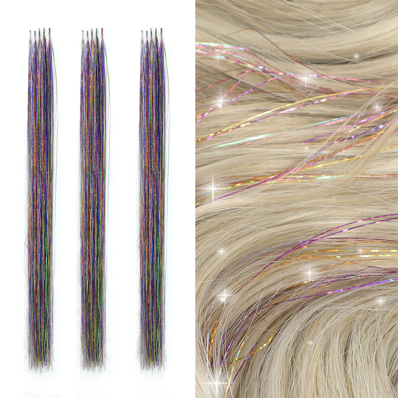 Rambut palsu berkilau, rambut palsu 10 buah kepala I pelangi rambut sintetis 24 inci ekstensi rambut bulu