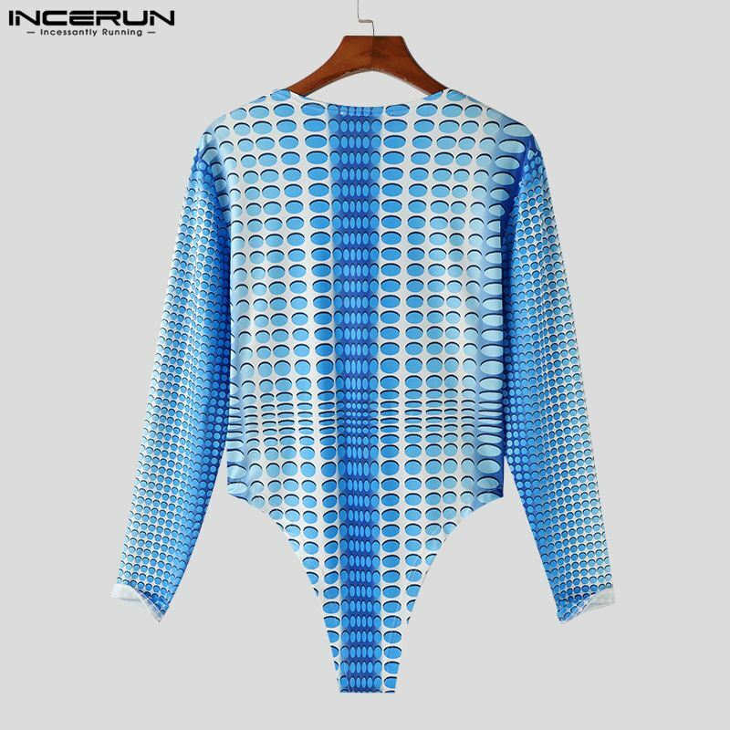 INCERUN 2024 Sexy Style New Men's Homewear Abstract Ripple Printing Bodysuits Stylish Male Long Sleeved Triangle Jumpsuits S-3XL