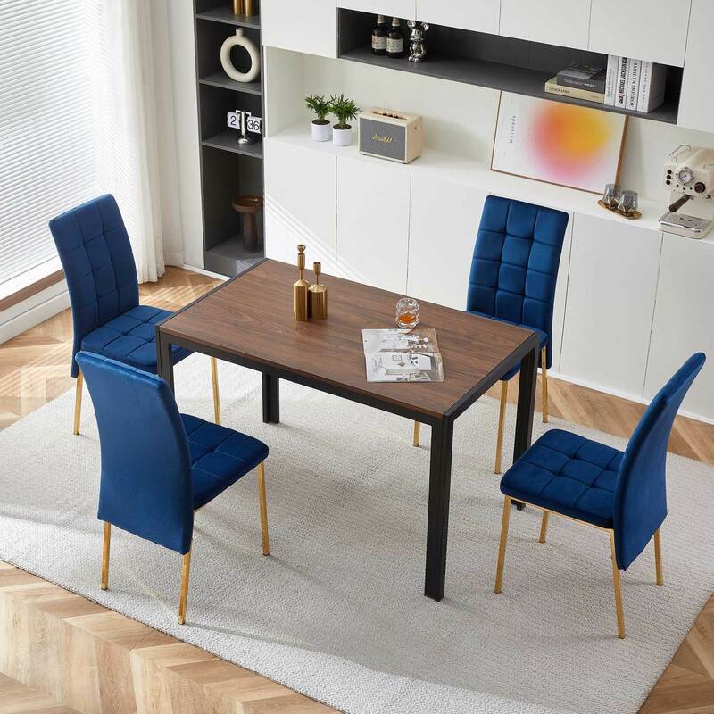 Set Of 4 Modern Dark Blue Velvet High Back Nordic Dining Chairs with Stunning Golden Color Legs