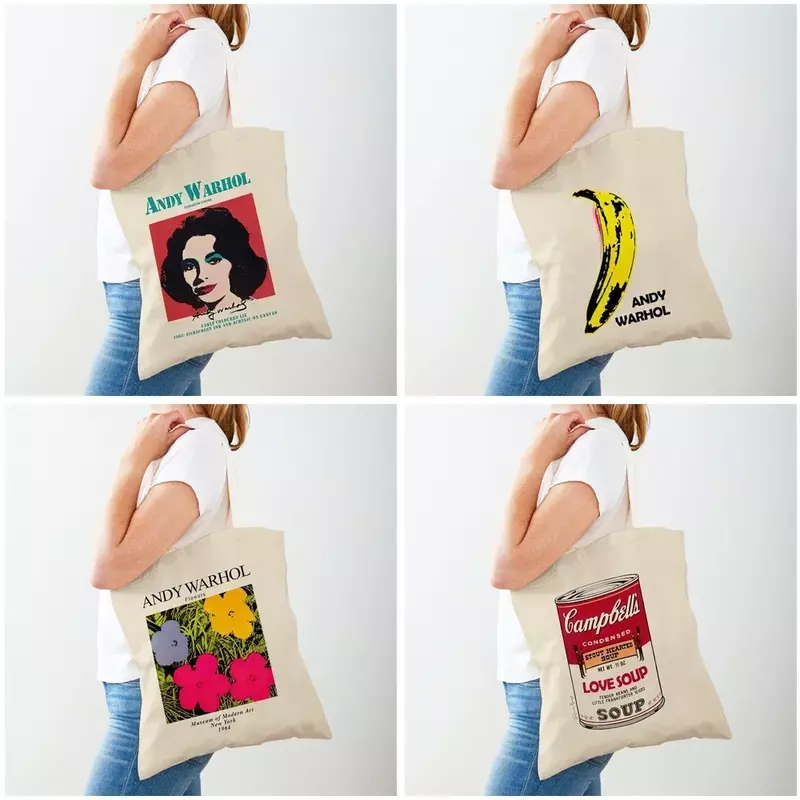 Bolso de compras de lona para mujer, bolsa de hombro de arte Vintage, Andy Warhol, abstracto, doble impresión, informal, BBA172