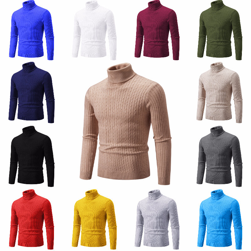 Suéter de gola alta Jacquard monocromático masculino, ajuste quente, pulôver elástico, suéteres novos para outono e inverno, 15 cores, 2023