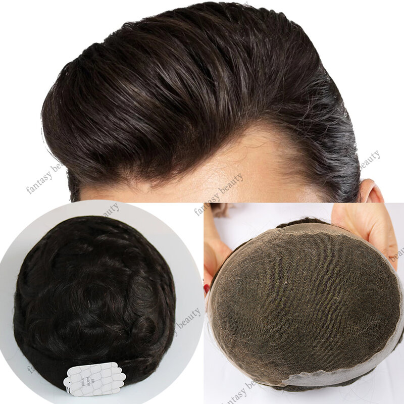 Q6 rambut manusia renda Swiss berongga dasar renda rambut palsu pria & rambut palsu pria sistem pengganti prostesis kapiler