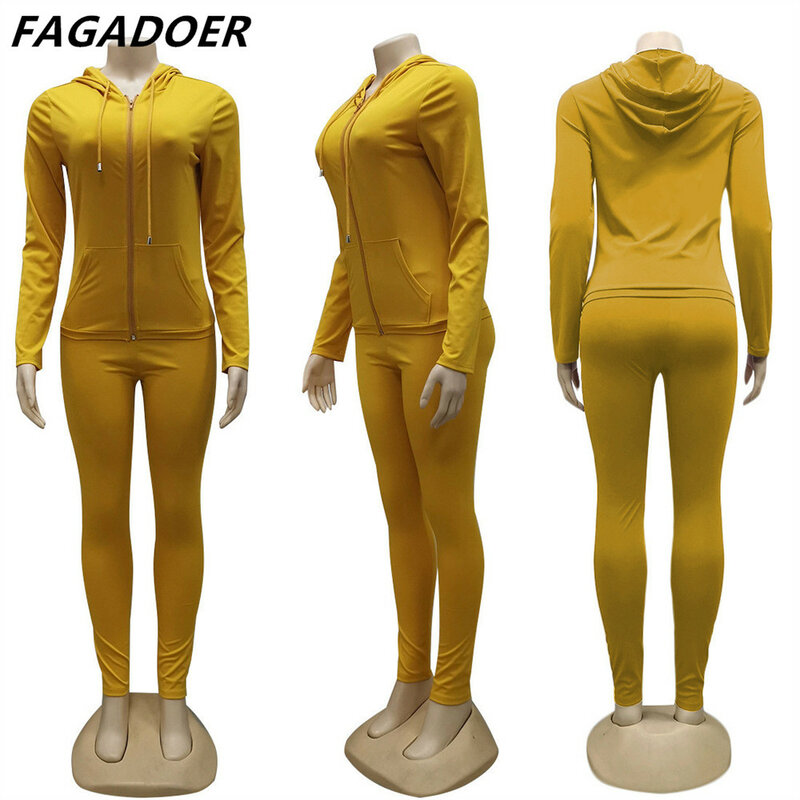 FAGADOER Solid Basic Two Piece Set Women Outfits Slim Casual Sporty Long Sleeve Zipper Hooded Coat + Bodycon Female Activewear