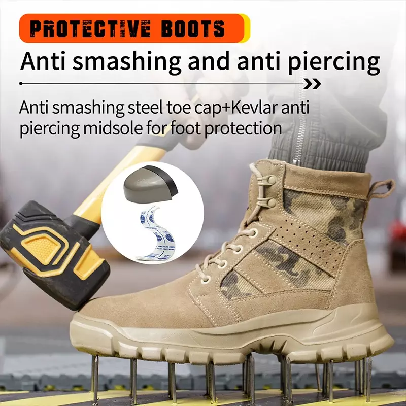 Moda 2024 stivali da lavoro da uomo in pelle scamosciata di mucca stivali di protezione di sicurezza antiscottatura alla caviglia puntale in acciaio leggero scarpe da calzature maschili