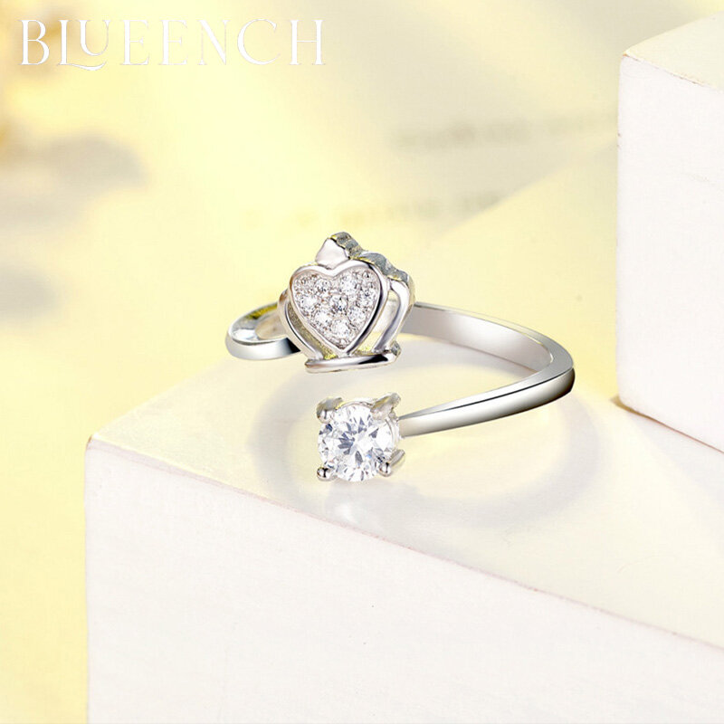 Blueench-anillo creativo de circón con corona de Plata de Ley 925, adecuado para mujeres, para presentar joyas de moda romántica para bodas
