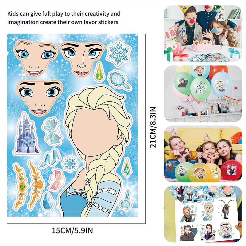Autocollants de puzzle Disney Frozen pour enfants, créez votre propre visage, jouet Elsa, OlPG, Anna, assemblage de puzzle, jeu de fête pour enfants, 8 feuilles, 16 feuilles