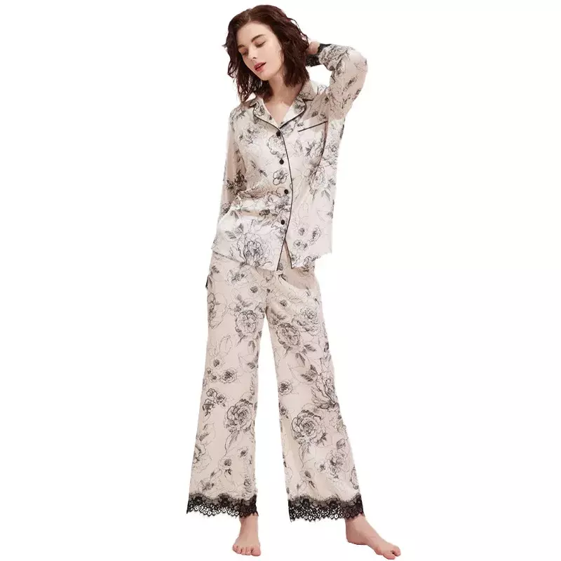 Ensembles de pyjamas à imprimé floral pour femmes, vêtements de nuit en faux satin, manches longues, vêtements d'intérieur, printemps, automne, 2 pièces