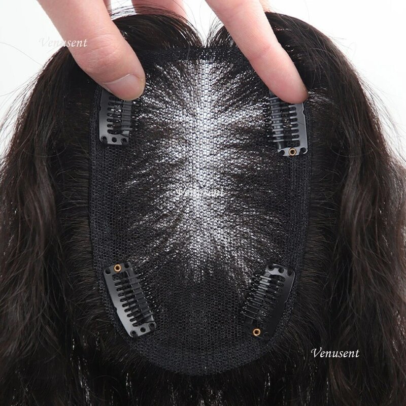 9x14cm Hand Tied Swiss Lace Human Hair Topper Natural Hairline Summer Breathable Toupee with Clips in Women's Hairpiece Black