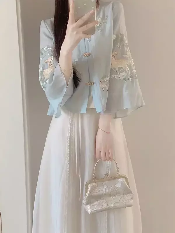 Traje de estilo chino para mujer, conjunto de dos piezas con bordado exquisito, Top y media falda, novedad de verano, 2024