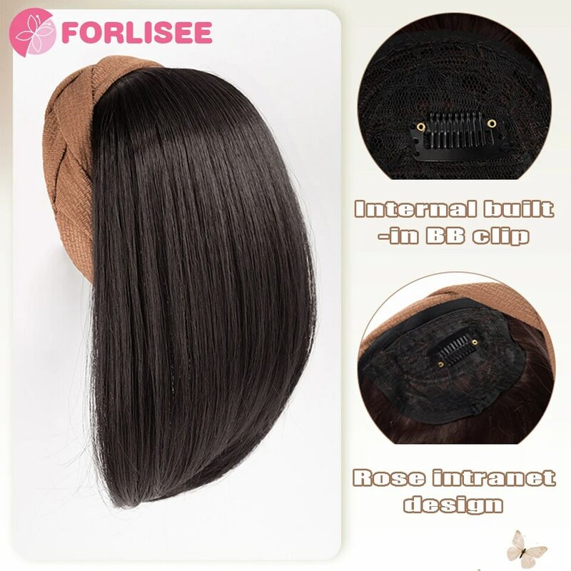 Fishbone Hairband kepang sintetis, ekstensi rambut poni palsu pinggiran alami jepit rambut pada wanita tidak terlihat alami