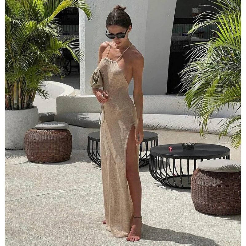 YEAE 2024 Kintted Cover Up Beach Sexy See Through Maxi Slit Bodycon Summer Dress Bikinis Cover-ups  Elegant Halter Beachdress