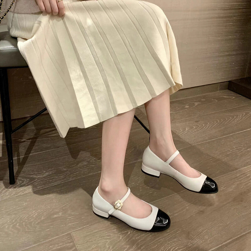 Mary Jane-zapatos de cuero de tacón bajo, calzado de estilo clásico, Camelia, francés, nuevo