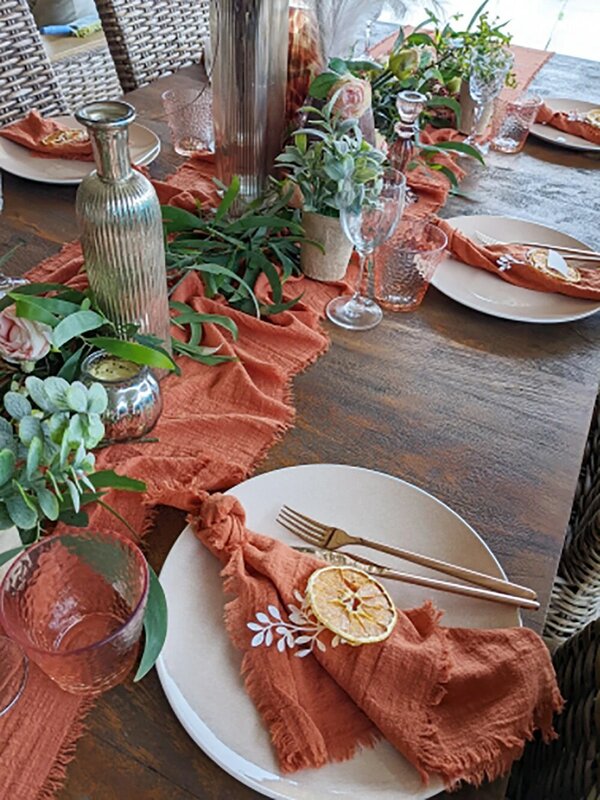 Chemins de table en gaze rustique rouille, table à manger en coton terre cuite, bavure rétro, maison vintage Bergame, décoration de Noël et de mariage