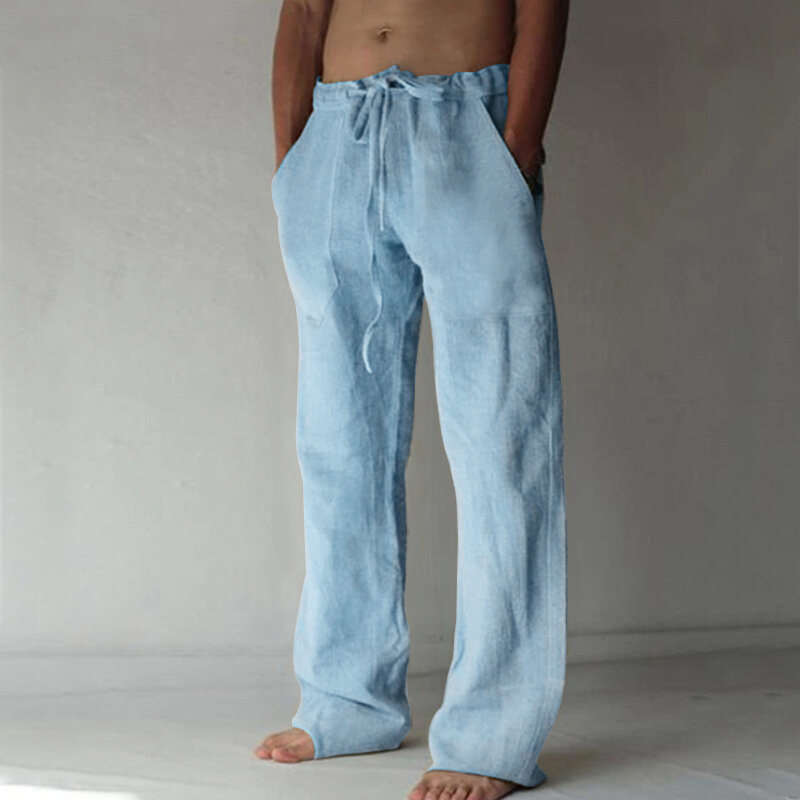 Celana panjang pria, celana kasual lurus banyak saku Linen warna Solid, ukuran besar bernafas ringan longgar untuk lelaki Musim Panas 2023