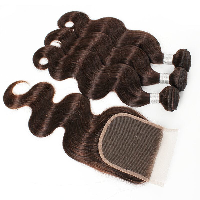 Extensão do cabelo humano Remy brasileiro, cor #2, #4, marrom escuro, 3 Pacotes, 4x4 Encerramento do laço, 300 gramas por lote, One Head, 3