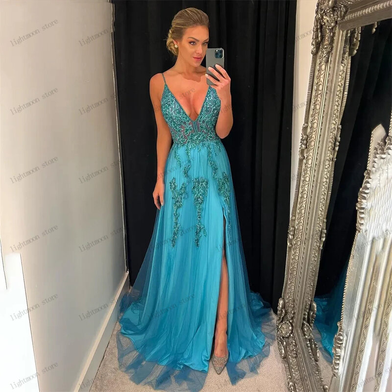 Pretty Evening Dresses Elegant Prom Dress Embroidery V-Neck Backless High Slit Ball Gowns Spaghetti Straps Vestidos De Gala 2024