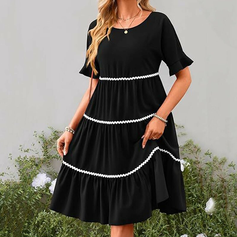 여성용 캐주얼 크루넥 A라인 미디 드레스, 짧은 소매 보호 스트라이프 프릴 롱 드레스, 여름