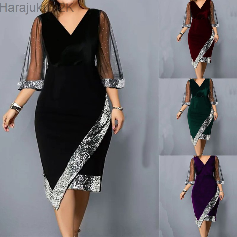 New 2023 Women Fashion Golden Velvet Irregular Sequin Perspective Mesh Dress Women's Casual Large Size Short Sleeve Party Dress