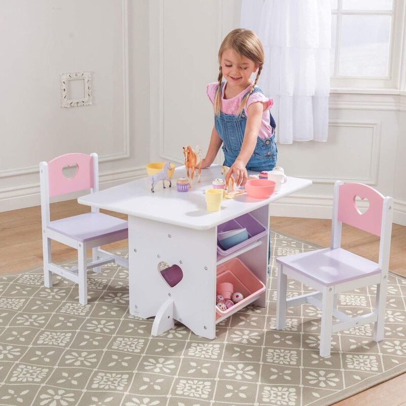 子供の木製のハートテーブルと椅子のセット、4つの収納ビン、3〜8歳のギフト、小さな幼児の家具